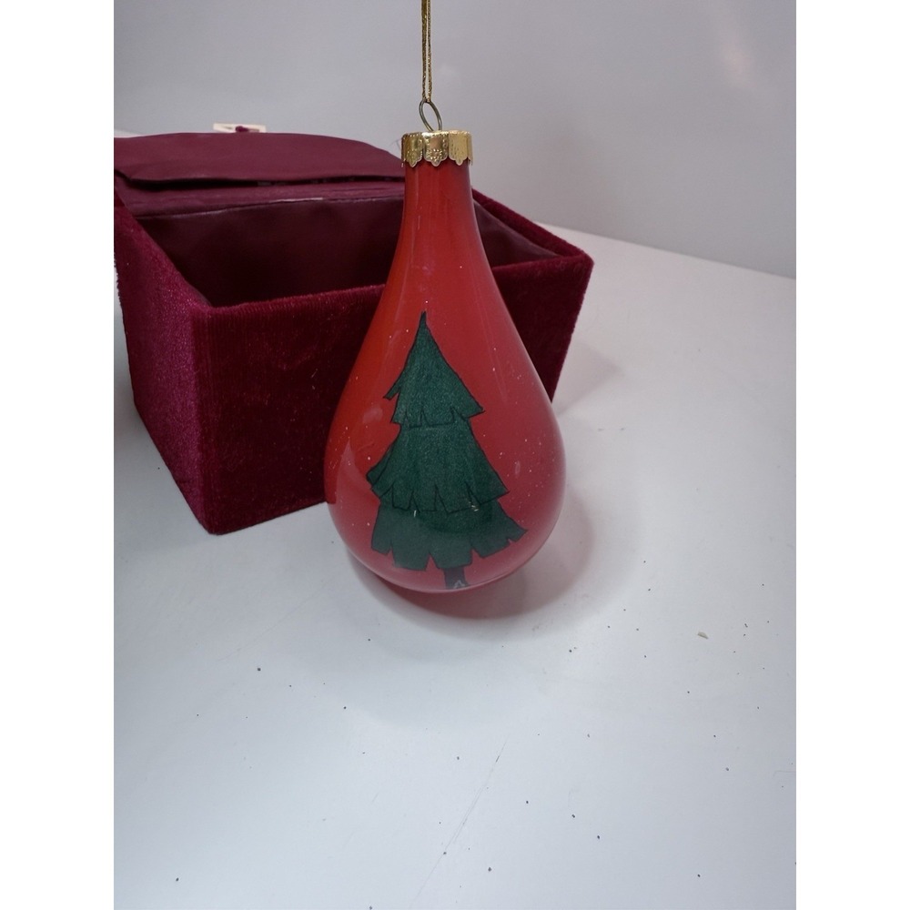 Vintage Hand Blown Glass Christmas Ornament Red Teardrop w/ Tree & Velvet Box - Picture 3 of 4